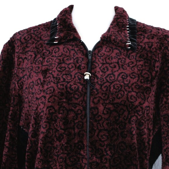 K.D.Spring M L Burgundy Black Chenille Asian Themed Zip Front Casual Jacket - Picture 5 of 11